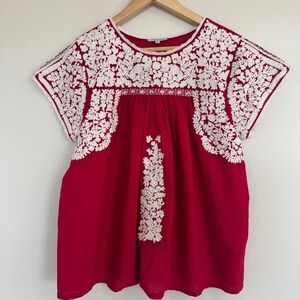 Francis Valentine Women's Red Flowy Floral Embroidered Crew Neck Top Blouse M